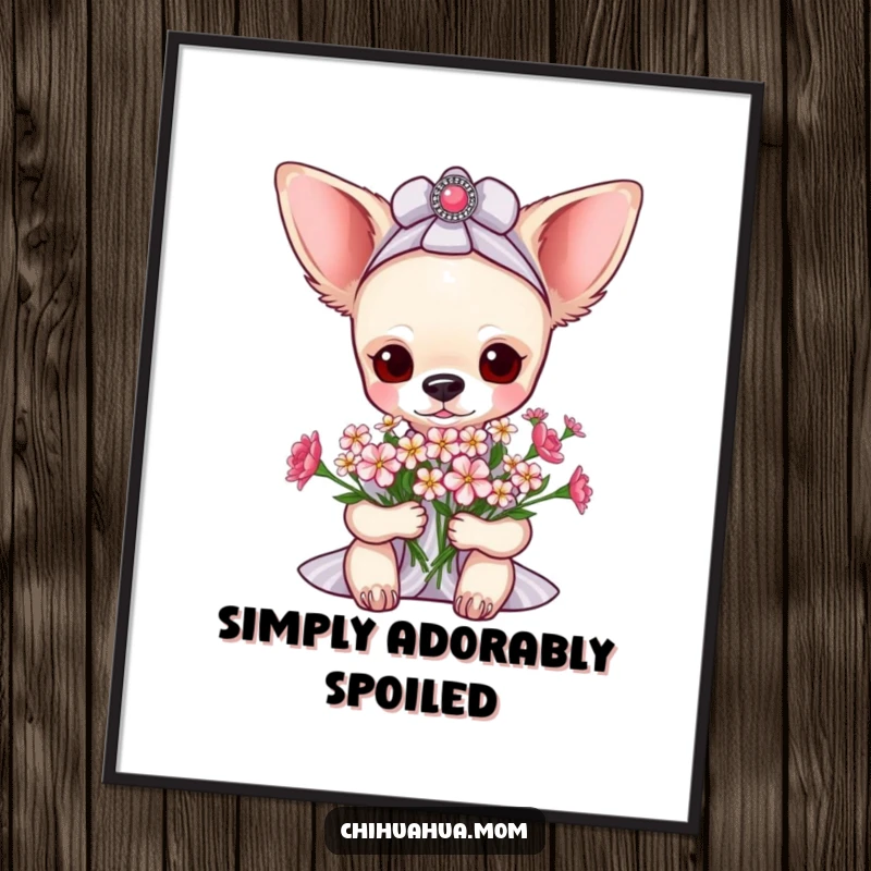 Funny pampered chihuahua lady poster capturing her receiving a delicate bouquet of tiny flowers, perfect for wall art that evokes happiness.