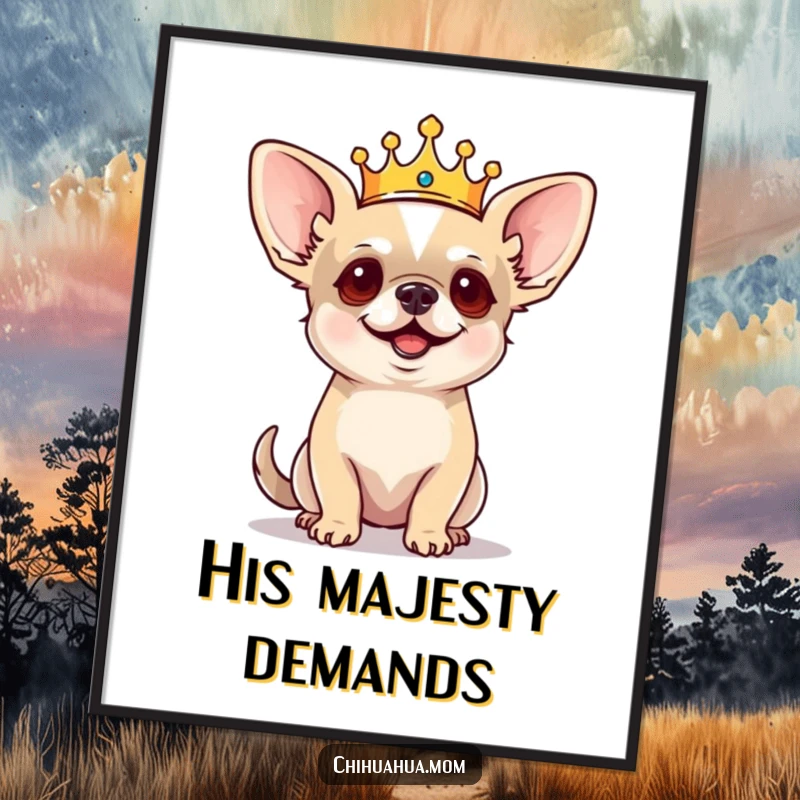 Funny Chihuahua Poster: Tiny crowned dog barking commands with a regal air, majestic pet art, funny wall decor.