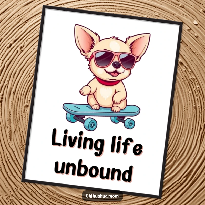 Funny Skater Chihuahua Poster: A dog in sunglasses rides a skateboard. Cool wall decor.