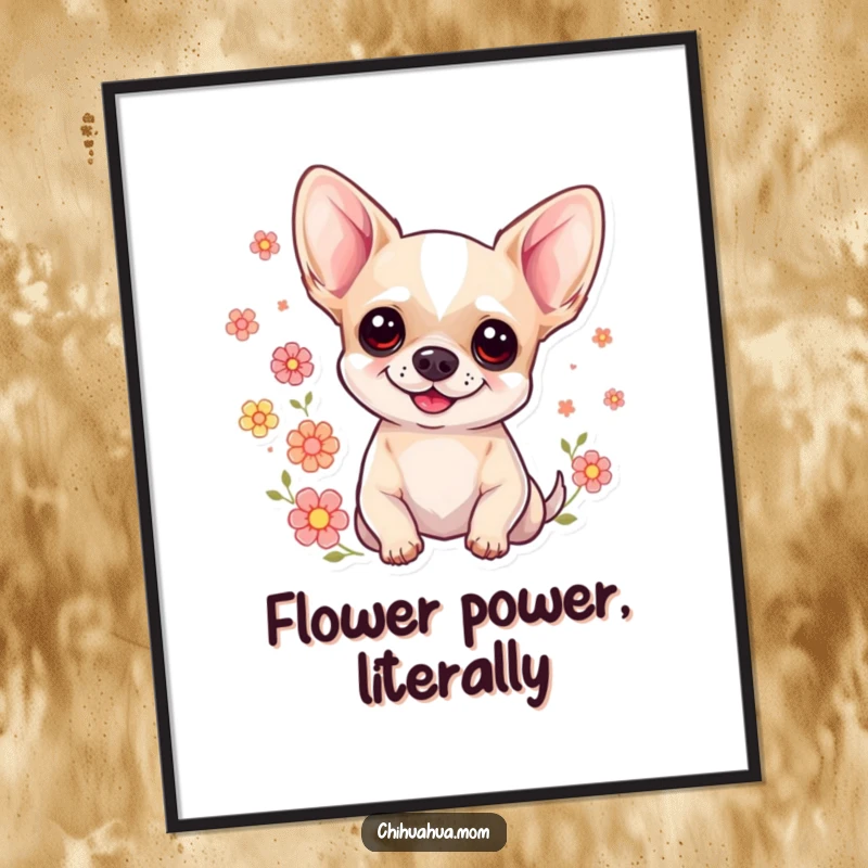 Funny Sweet Chihuahua Poster: A smiling chihuahua with floating floral icons. Cheerful and humorous wall art.