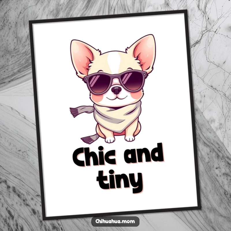 Funny poster art: a tiny chihuahua dog wearing fashionable sunglasses and a chic neck scarf.