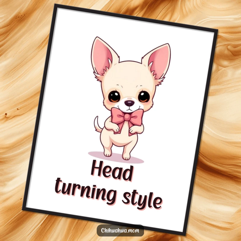 Funny Chihuahua Poster: A proud dog prances elegantly with an oversized, sparkly bow, exuding confidence and joy.