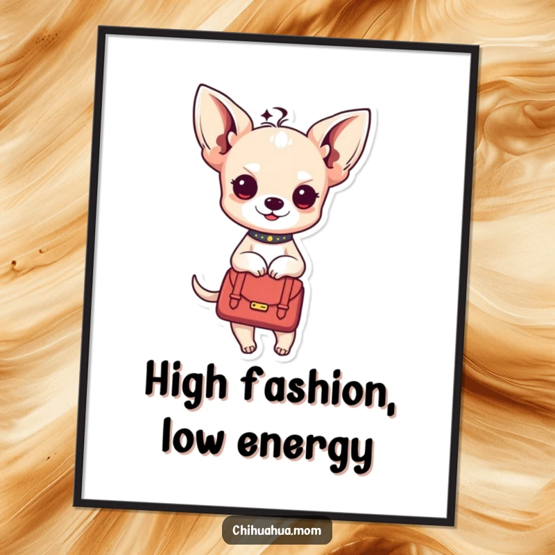 Funny Kawaii chihuahua lady poster depicting a cute character in a stylish handbag, elegant wall art.