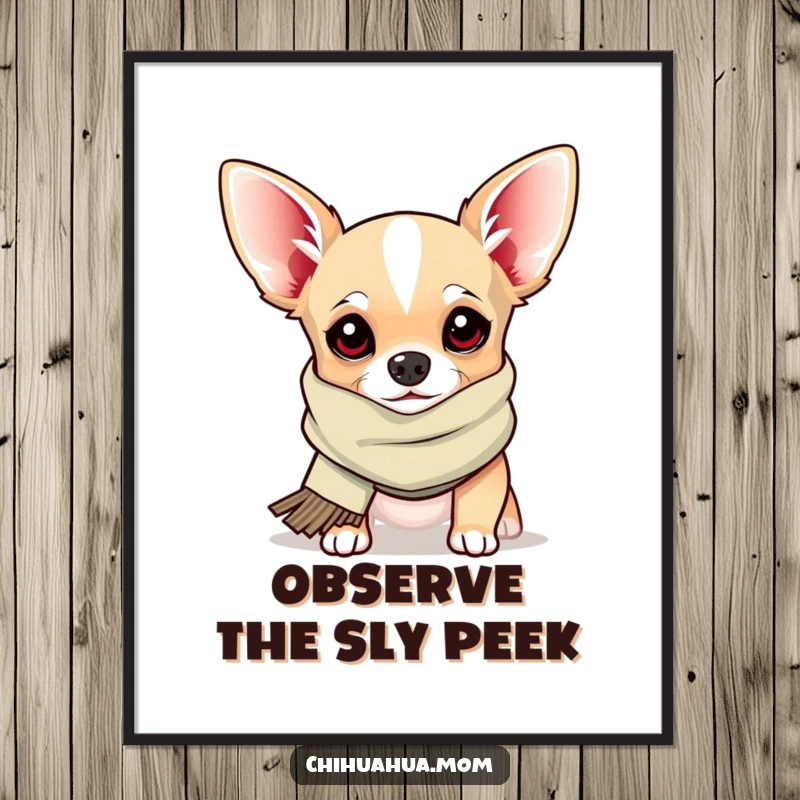 Funny Poster: a chihuahua in a silly scarf peeks out from the edge, creating a charming and humorous piece of art.