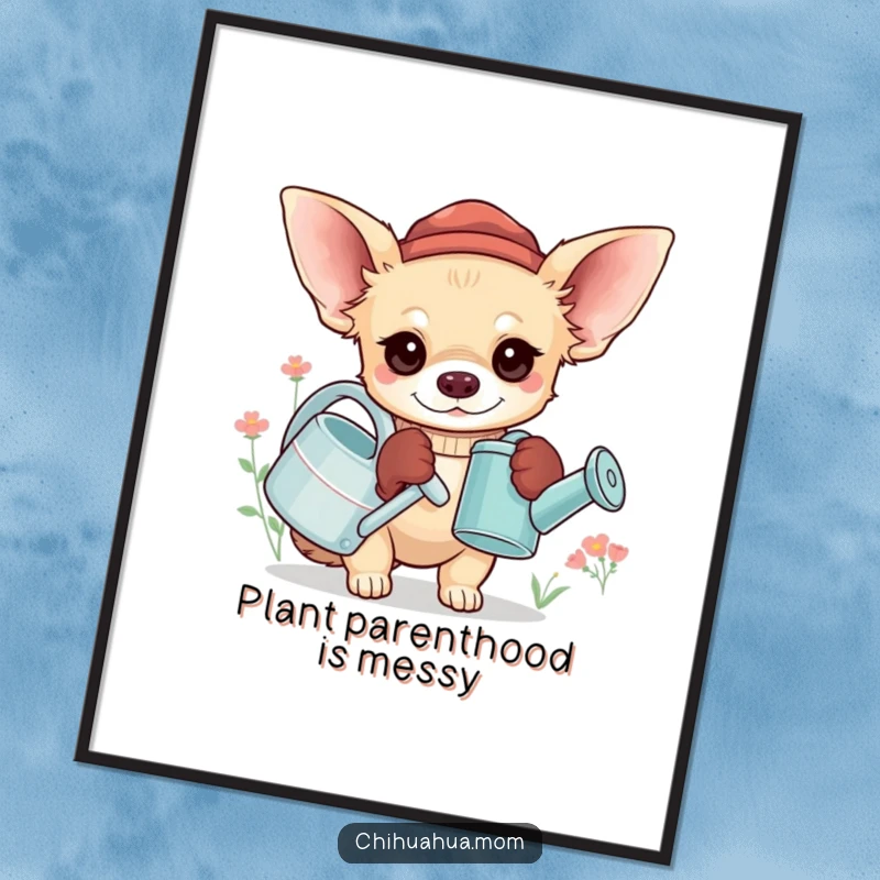 Funny Chihuahua Gardener Poster: A chihuahua wears oversized gloves and holds a tiny watering can, gardening, wall art.