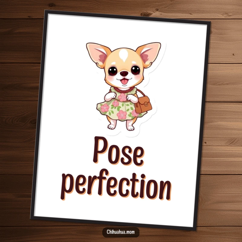Funny poster art: a chihuahua dog in a floral dress, posing elegantly with a small purse.
