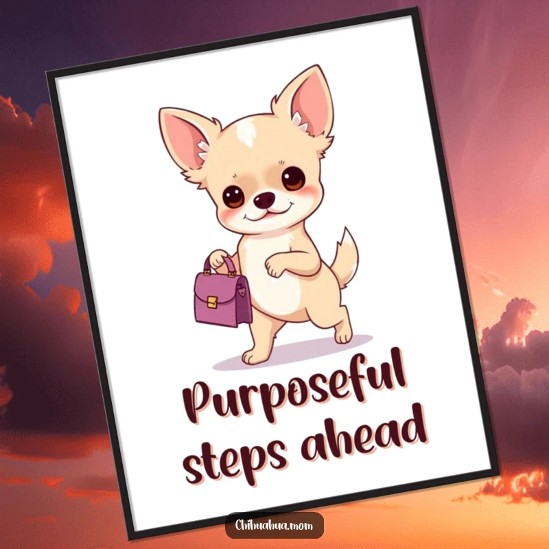 Funny poster of a chihuahua holding a tiny handbag with a determined stride, adding humorous, fashionable wall decor for dog enthusiasts.
