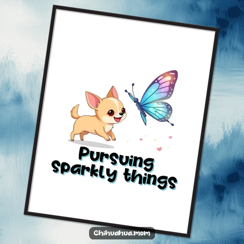 Funny Chihuahua Butterfly Poster: A dog excitedly chases a giant butterfly. Whimsical and funny art.