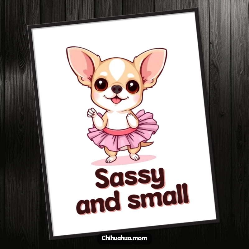 Funny chihuahua tutu poster. A chihuahua wearing a tutu strikes a sassy pose, creating a humorous and theatrical piece of wall art.
