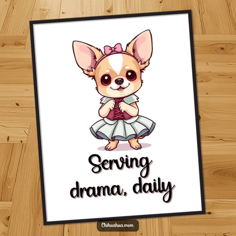 Funny Chihuahua Poster: A tiny dog in a fancy dress poses dramatically on your wall. Hilarious art.