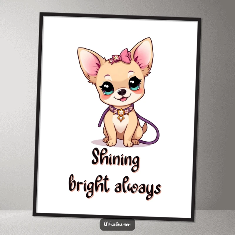 Funny kawaii chihuahua lady character sporting a sparkly collar and leash, depicted in a humorous and glamorous art print.