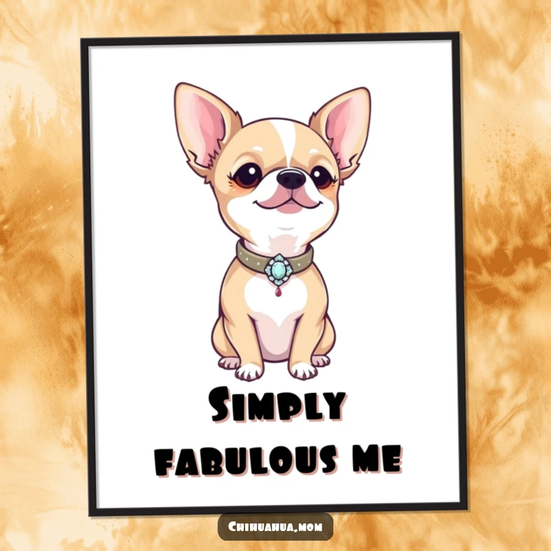 Funny proud chihuahua proudly displaying a tiny, bejeweled collar, presented as humorous wall art.