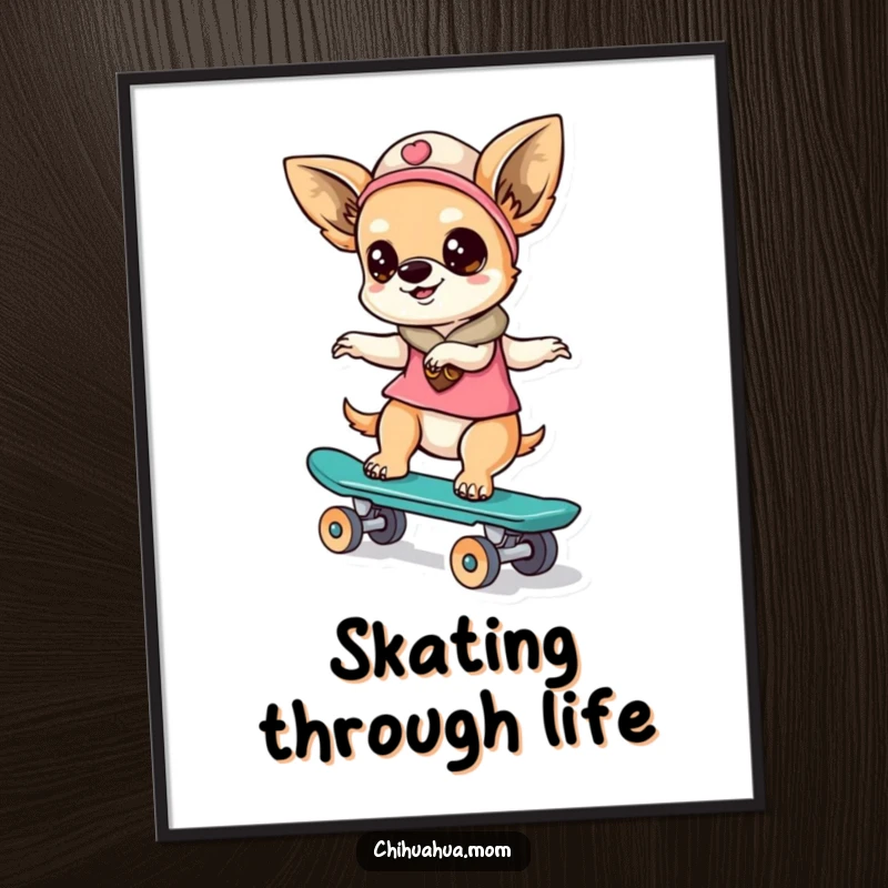 Funny kawaii chihuahua lady character performing stunts on a tiny skateboard, depicted in a humorous art print.