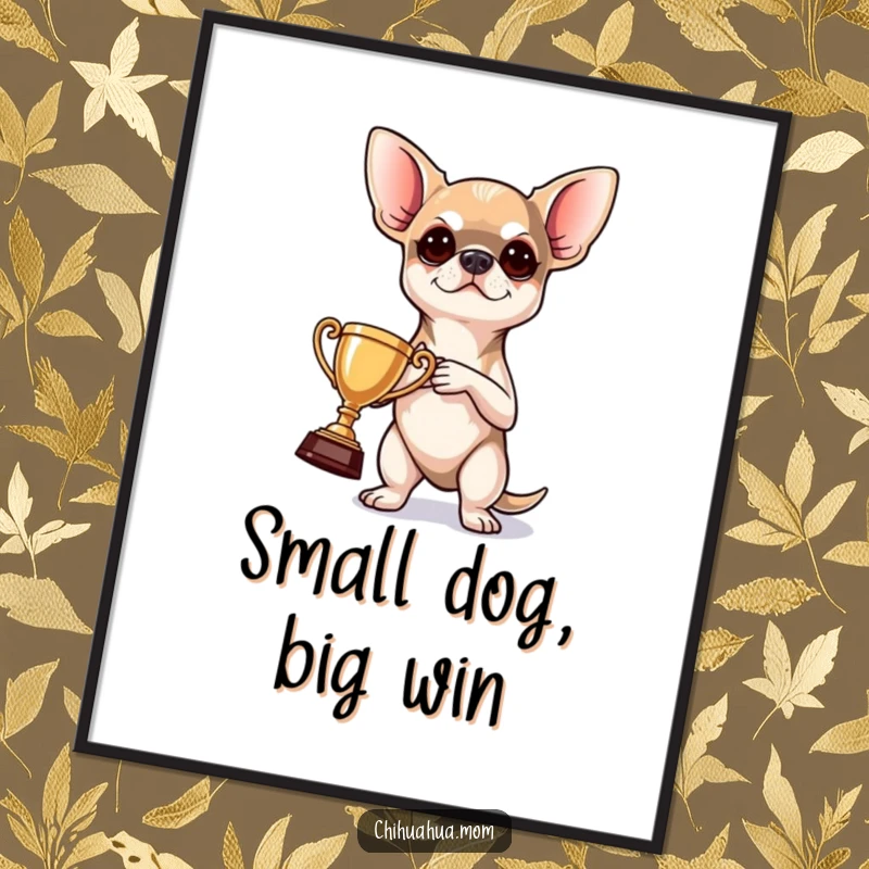 Funny Poster: a determined chihuahua proudly displays a tiny trophy, a humorous and inspiring piece of wall art.