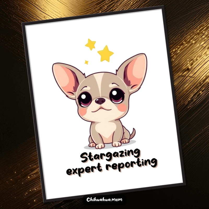 Funny Chihuahua Poster: Artistic print of a chihuahua with wide, curious eyes looking up at a bright falling star.