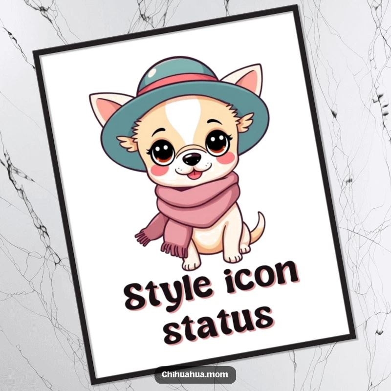 Funny Chihuahua Lady Poster: Kawaii character showcasing high fashion with a hat and scarf. Elegant funny gift for art lovers.