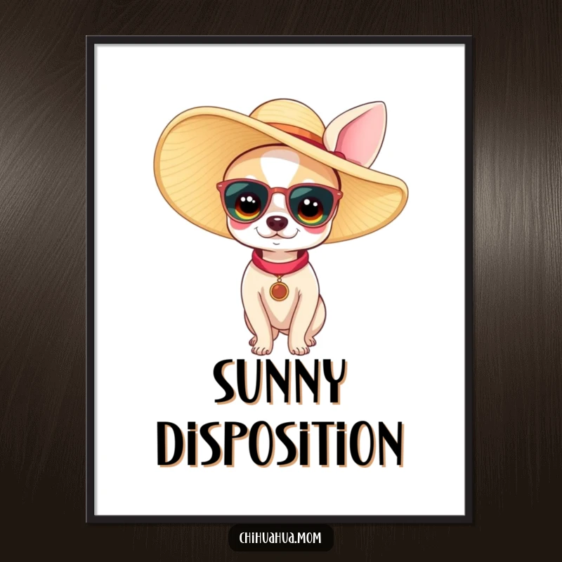 Funny chihuahua woman poster showing a tiny dog wearing a comically large sun hat. Humorous and stylish wall art for dog enthusiasts.