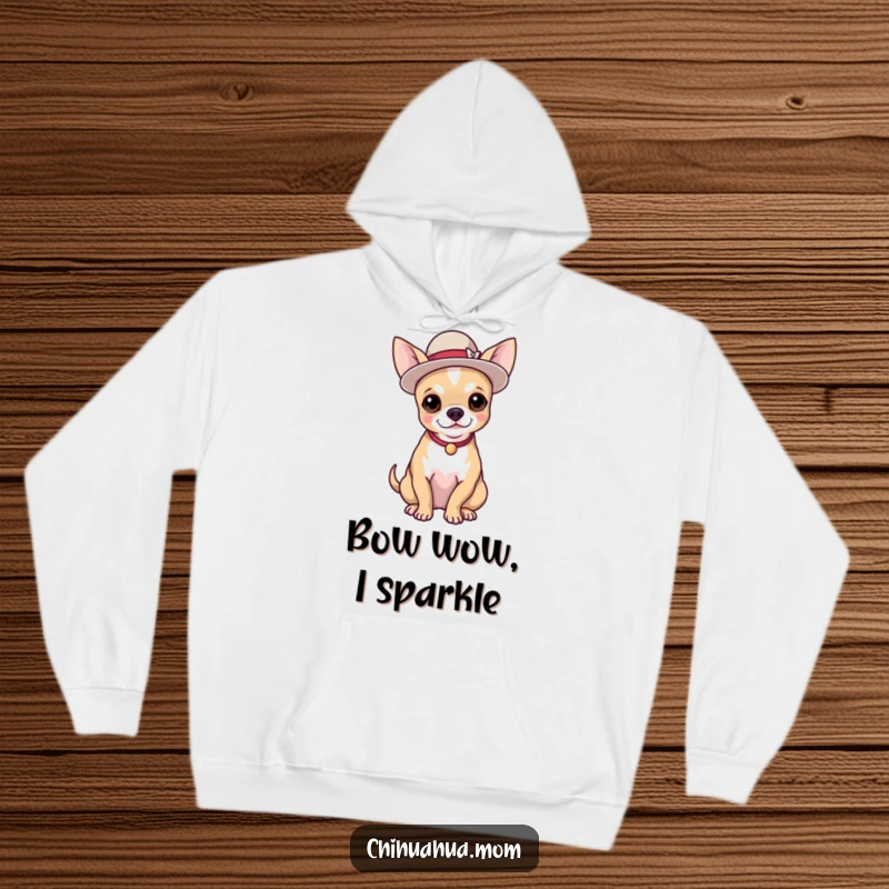 Funny hoodie featuring a chihuahua wearing a tiny, elegant hat and posing proudly, offering warmth and humor.