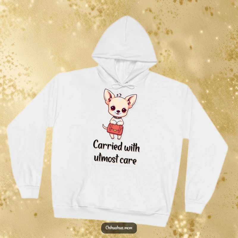 Funny Kawaii chihuahua lady hoodie showing a character in a stylish handbag, perfect for warmth and style.