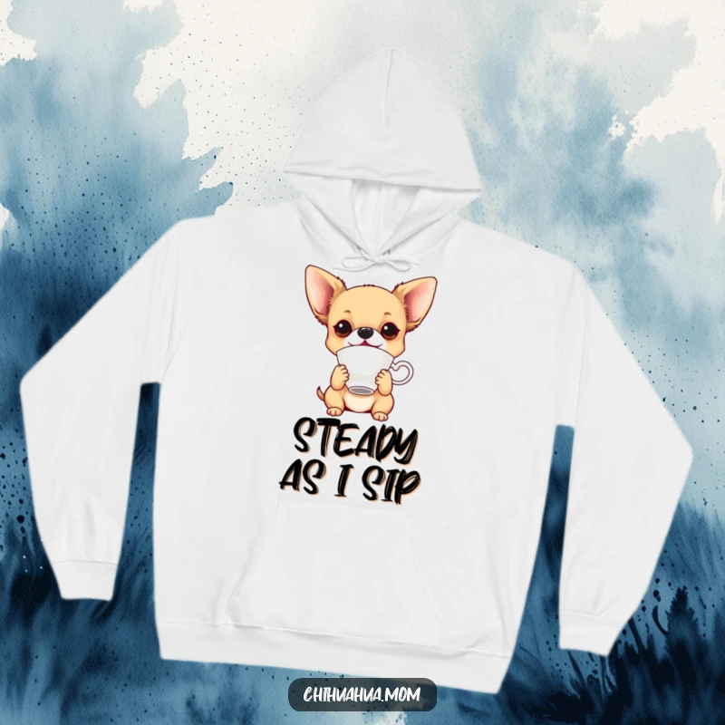 Funny playful chihuahua balancing a teacup on its nose, designed for a warm and humorous hoodie.