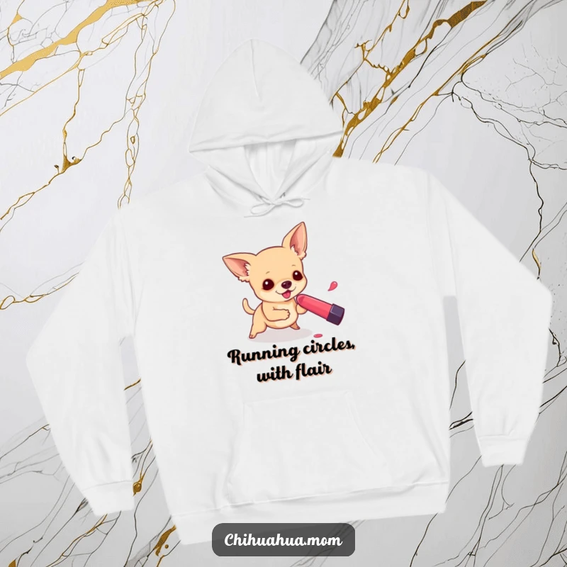 Funny hoodie featuring a chihuahua playfully chasing a rolling lipstick, bringing warmth and humor.