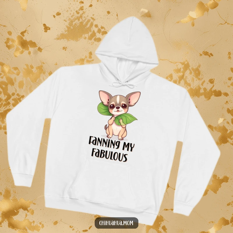 Funny chihuahua fanning itself with a leaf for a humorous and cozy hoodie design.