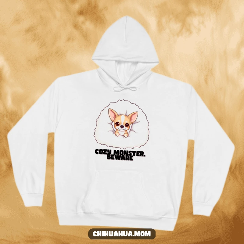 Funny Peekaboo Chihuahua Hoodie: A dog peeks from under a blanket. Super soft and humorous.