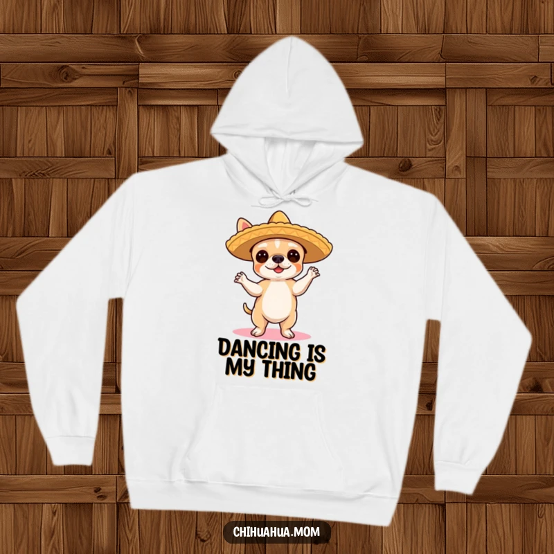 Funny Chihuahua Flamenco Hoodie: A cute chihuahua in a sombrero dances the flamenco, radiating warmth and fiesta spirit.