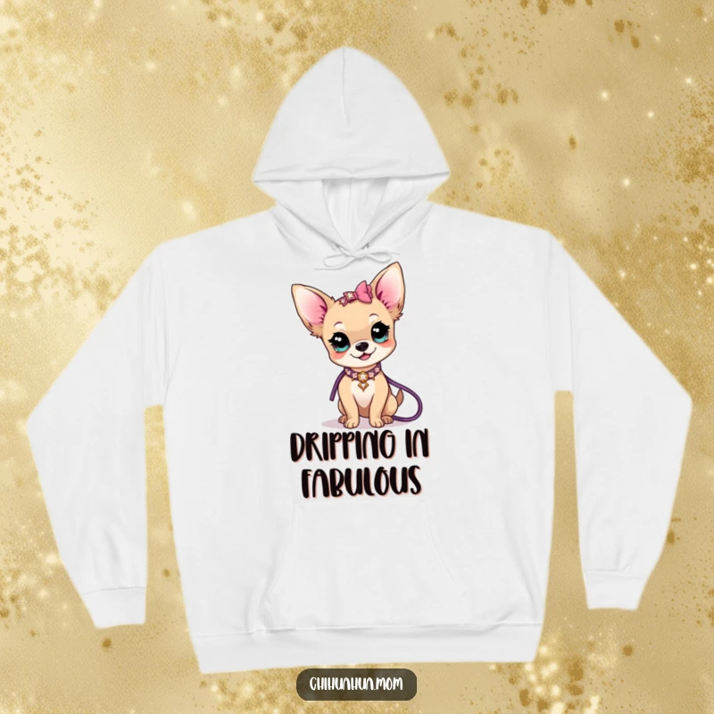 Funny kawaii chihuahua lady character wearing a hoodie, showcasing a sparkly collar and leash, a cozy and glamorous scene.