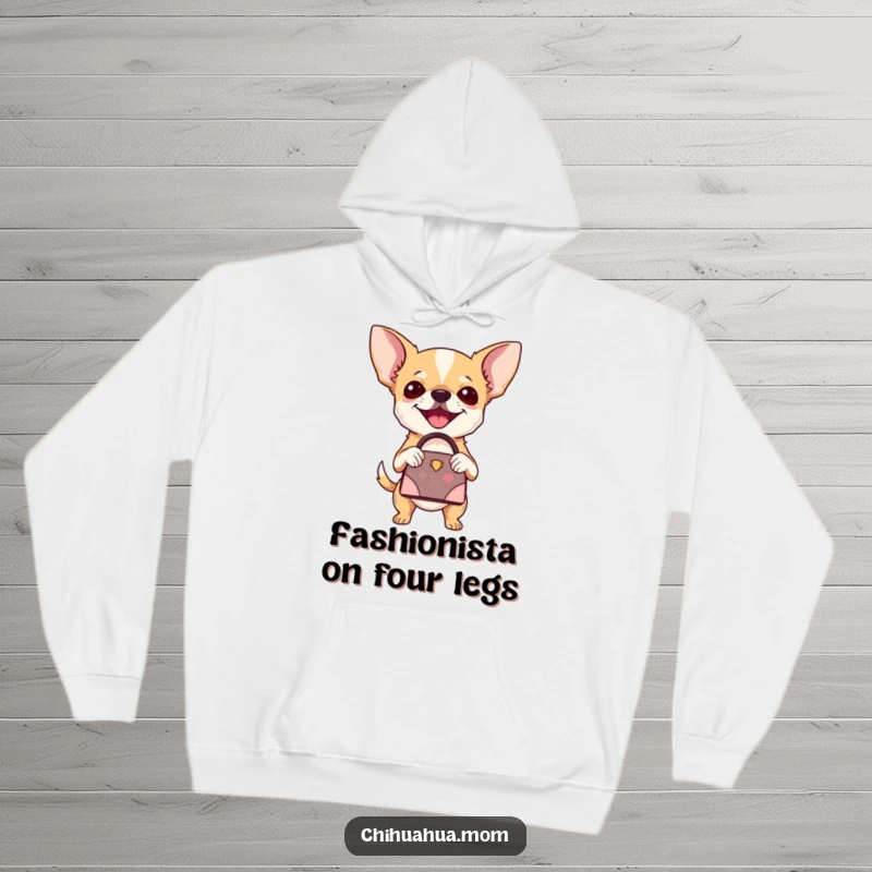 Funny Chihuahua Hoodie: A joyful chihuahua holds a miniature designer handbag, looking incredibly fashionable. A chic funny gift.