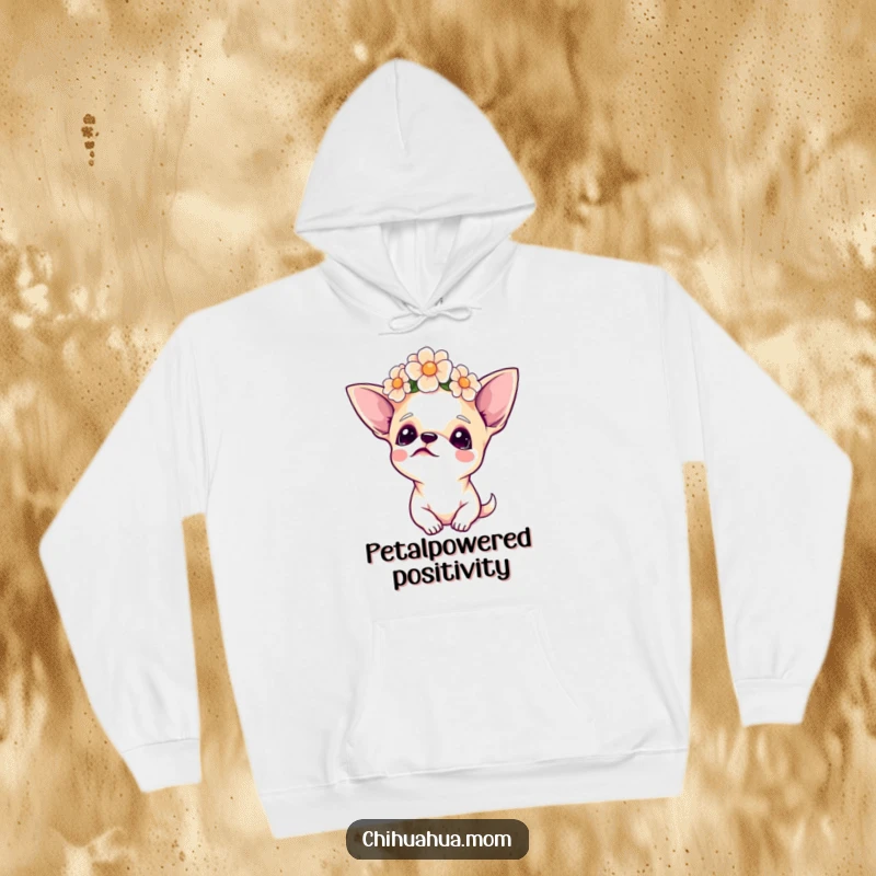 Funny Chihuahua Hoodie, wearing a floral crown and looking skyward with a peaceful expression, offering warmth and bohemian charm.