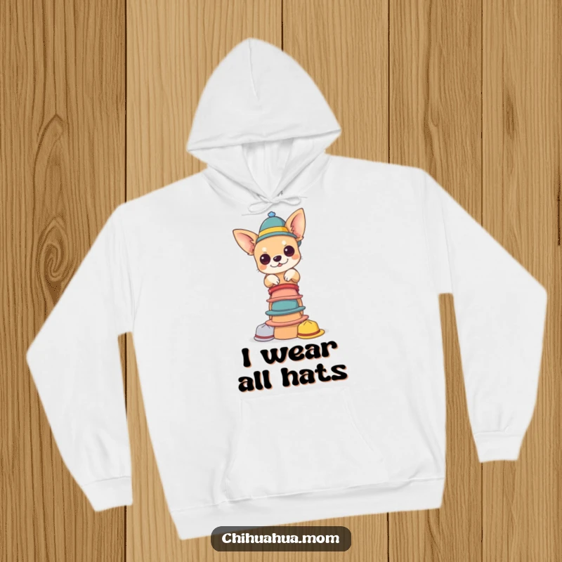 Funny chihuahua hat hoodie. A happy chihuahua balances a tower of tiny hats, offering cozy humor and a delightful visual gag.
