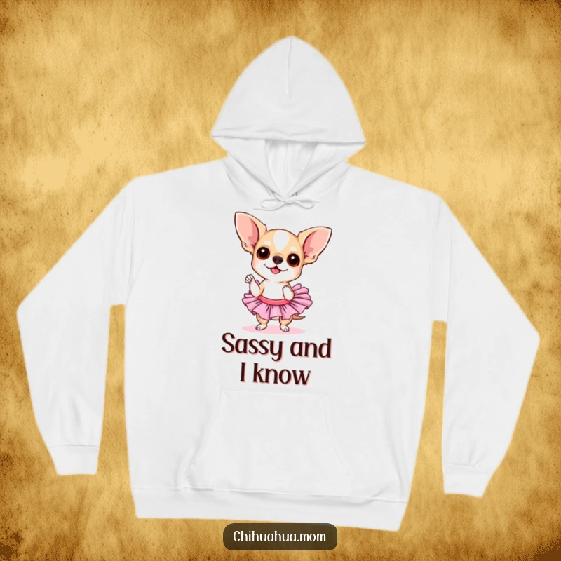 Funny chihuahua tutu hoodie. A chihuahua in a tutu attempts a sassy pose, offering cozy comfort and a touch of playful, theatrical humor.
