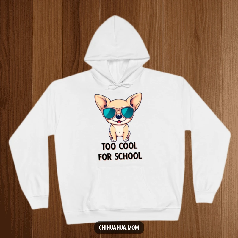 Funny hoodie showcasing a cute chihuahua in oversized sunglasses, striking a confident pose, offering warmth and undeniable cool style.