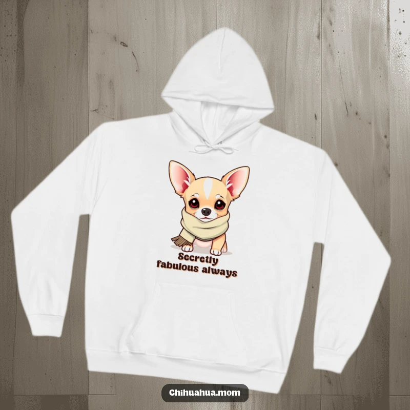 Funny Hoodie: a chihuahua in a silly scarf peeks out, offering a cozy, humorous, and heartwarming design.