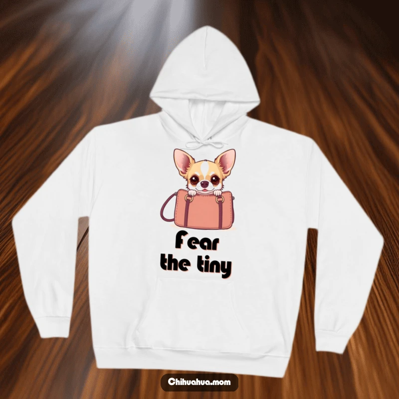 Funny chihuahua peeking from behind a designer handbag, designed for cozy wear and humorous appeal.