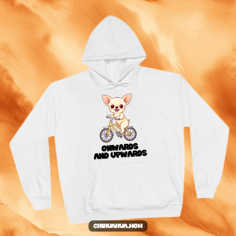 Funny hoodie depicting a chihuahua joyfully riding a miniature bicycle, offering comfort and humorous outdoor vibes.