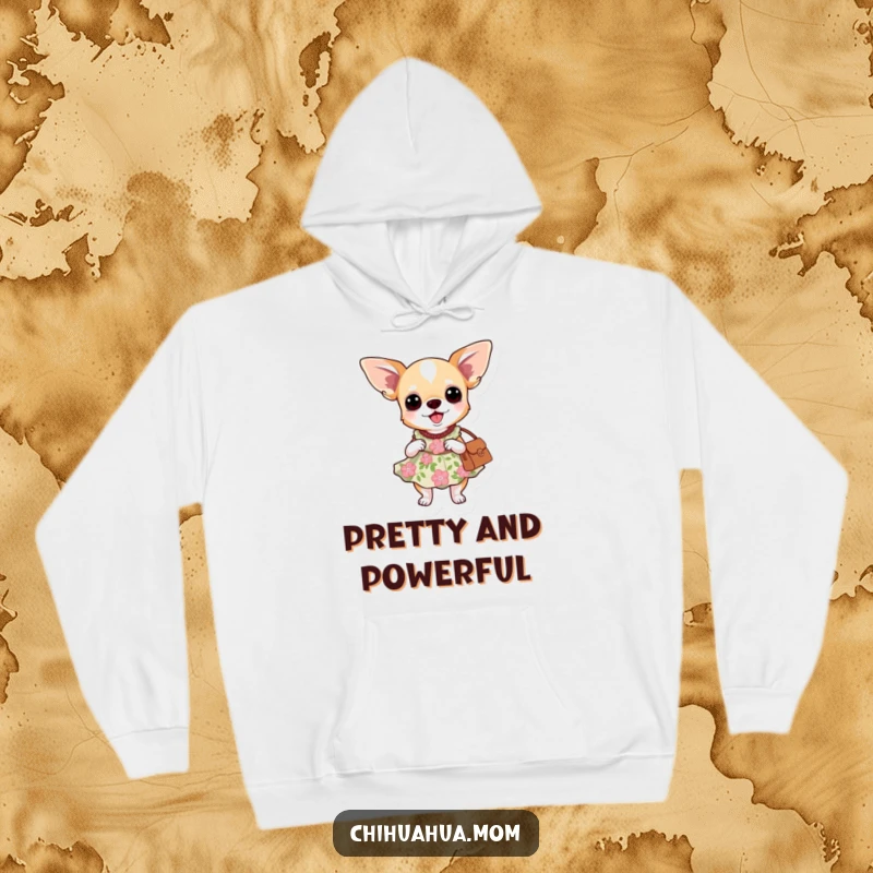 Funny hoodie: a chihuahua dog dressed in a floral dress, striking a pose with a handbag.