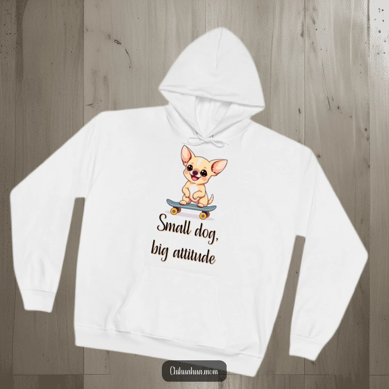 Funny Chihuahua Skateboarder Hoodie depicting a joyful dog mastering a skateboard stunt, perfect for cold days.
