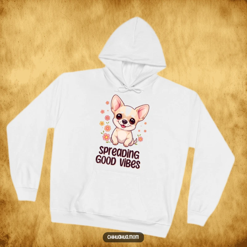 Funny Sweet Chihuahua Hoodie: A smiling chihuahua with floral accents. Warm, cozy, and humorous clothing.