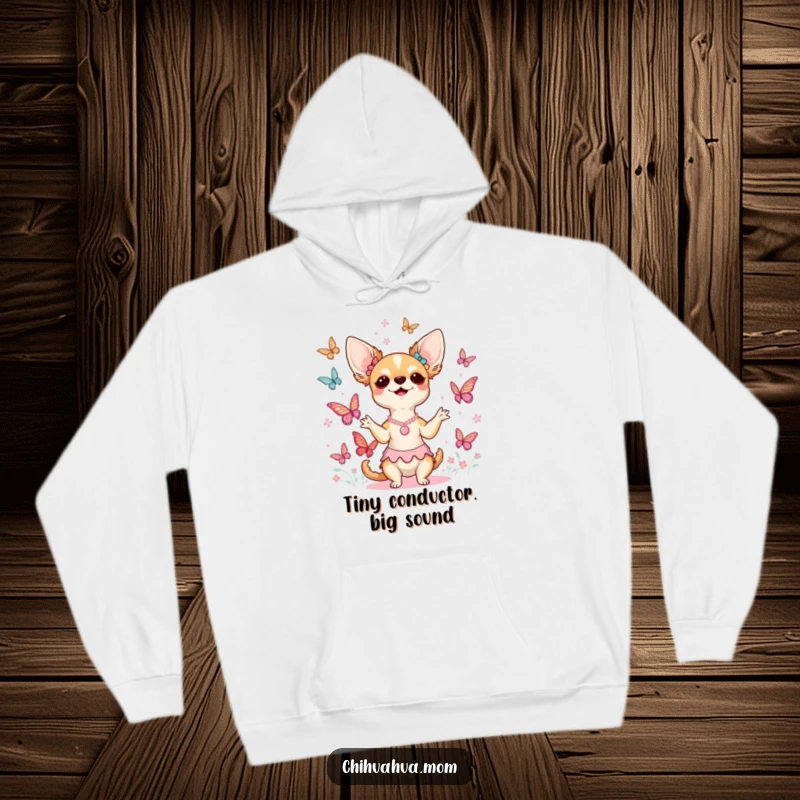 Funny chihuahua lady hoodie featuring her gleefully conducting a vibrant choir of butterflies, capturing a moment of pure, whimsical joy.