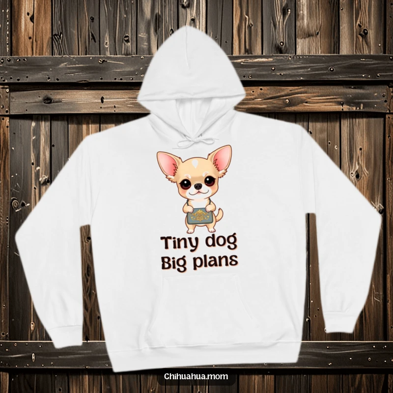 Funny Chihuahua Handbag Hoodie: A determined chihuahua is ready to go out, clutching her small handbag. Comfortable and humorous apparel.