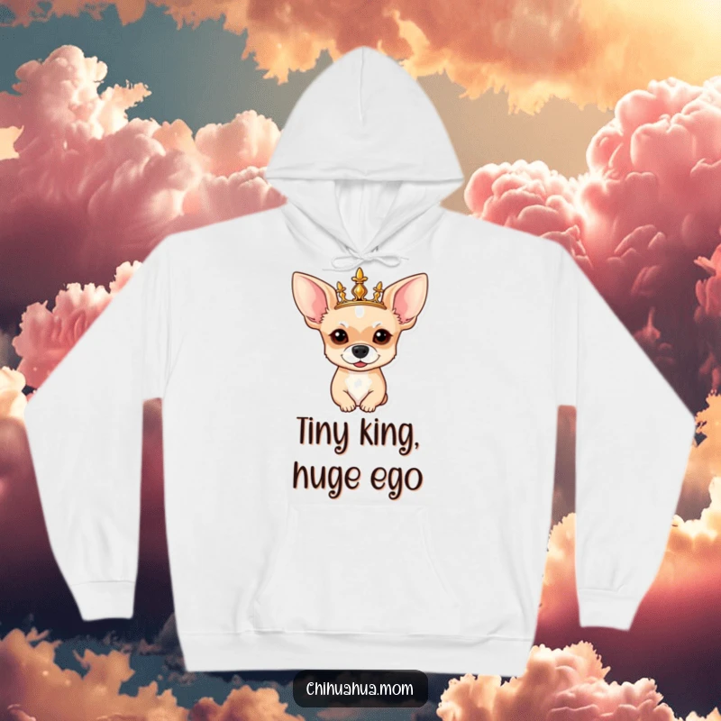 Funny Chihuahua Hoodie: A comfortable hoodie showcasing a chihuahua wearing a golden crown, looking quite regal and distinguished.