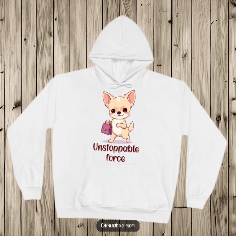 Funny hoodie with a chihuahua holding a small handbag, radiating determination and chic style, perfect for humorous pet lovers.