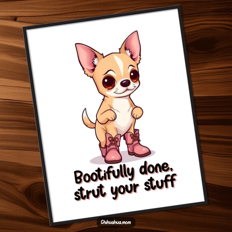 Funny Free Printable Wall Art of a proud chihuahua prancing confidently in tiny boots, adding a whimsical touch to any space.