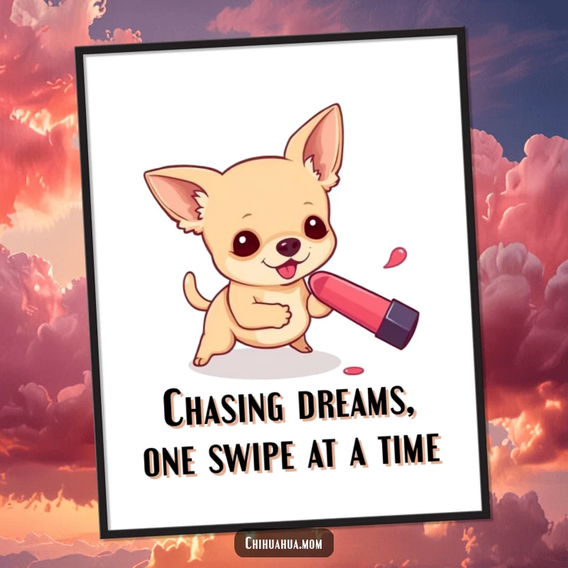 Funny Free Printable Wall Art: A small chihuahua is playfully chasing a bright red rolling lipstick tube, energetic downloadable art.