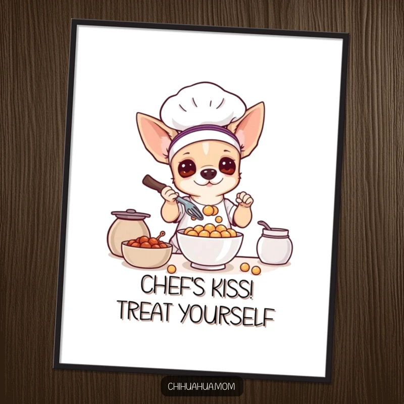 Funny Free Printable Wall Art: A chihuahua chef masterfully and dramatically whisking a bowl filled with tiny treats.