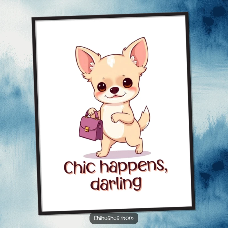 Funny Free Printable Chihuahua Wall Art: Determined chihuahua with a tiny handbag, walking with fierce confidence.