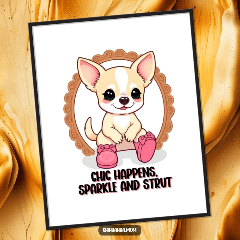 Funny Free Printable Wall Art: Kawaii Chihuahua lady humorously fitting into tiny doll shoes, a quirky and amusing scene.