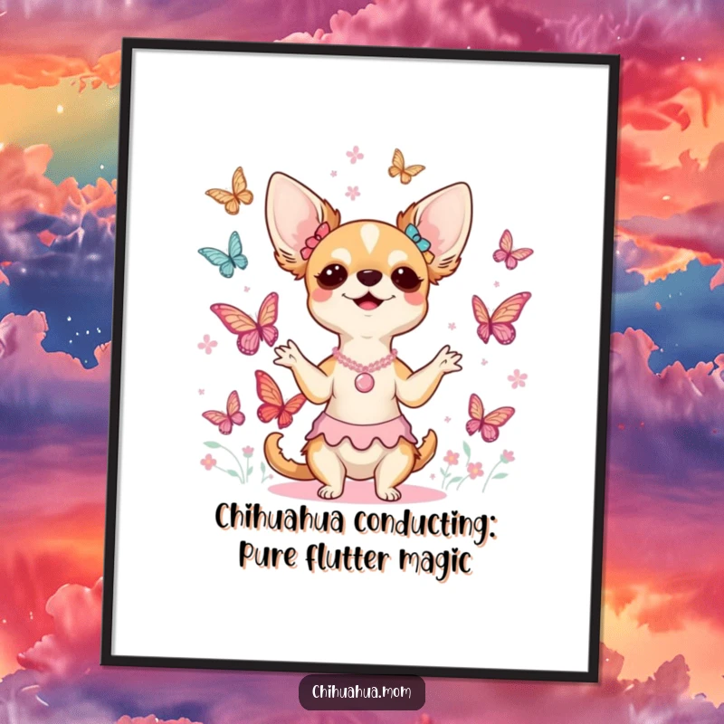 Funny Free Printable Wall Art: A delighted chihuahua lady joyfully conducting a vibrant choir of butterflies.